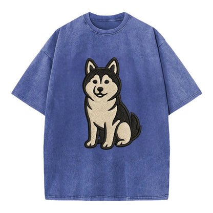 Pomsky - Pomeranian-Husky mix sitting po Vintage T-shirt - Blue