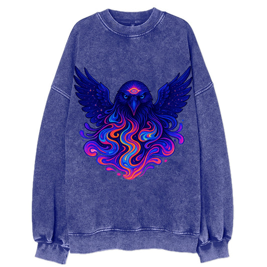 Mysterious raven with feathers showing future visions in neon colors, wings - Vintage Sweatshirt - Blue