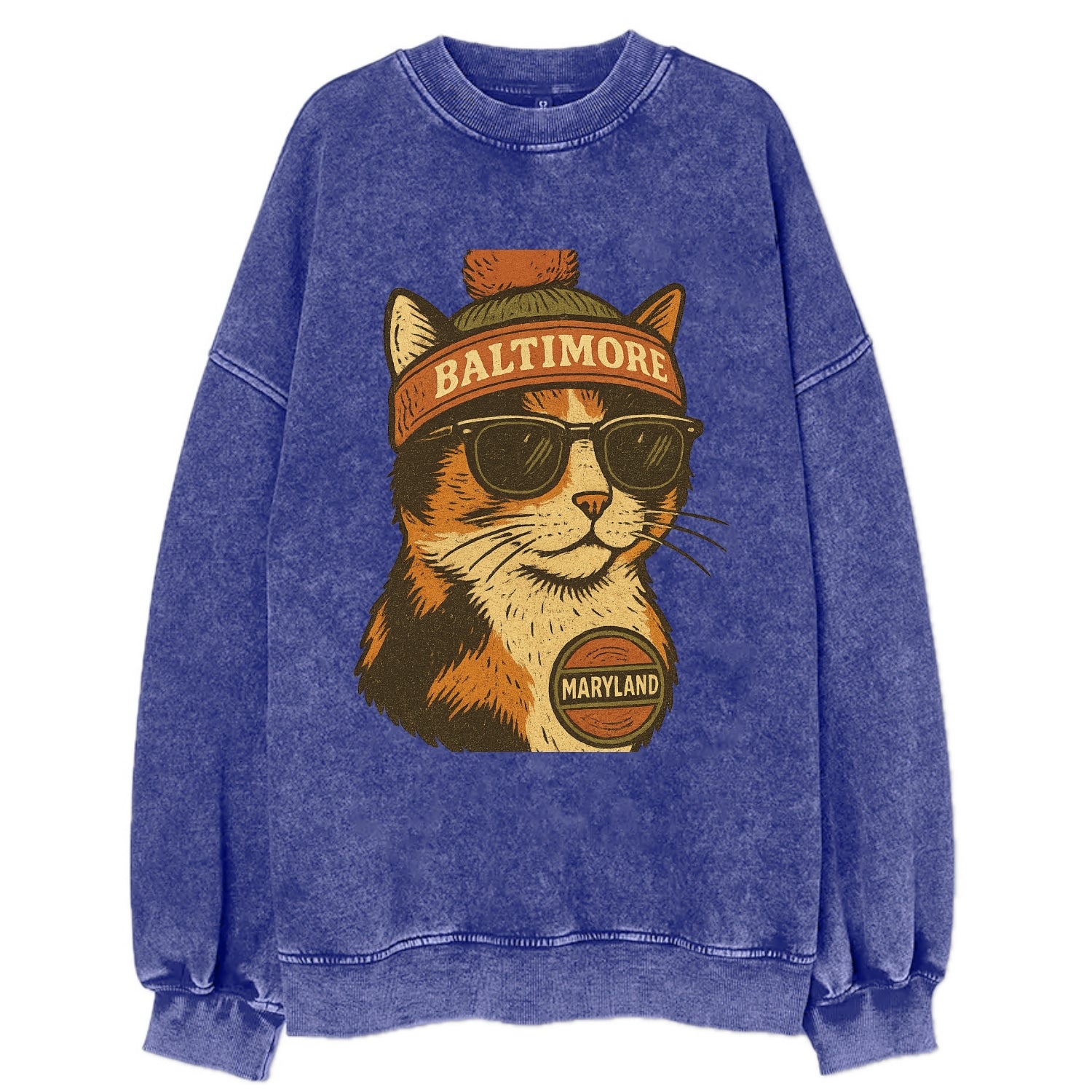 Maryland Calico Cat wearing Baltimore beanie with pom pom and wayfarer - Vintage Sweatshirt - Blue