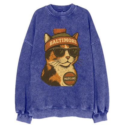 Maryland Calico Cat wearing Baltimore beanie with pom pom and wayfarer - Vintage Sweatshirt - Blue