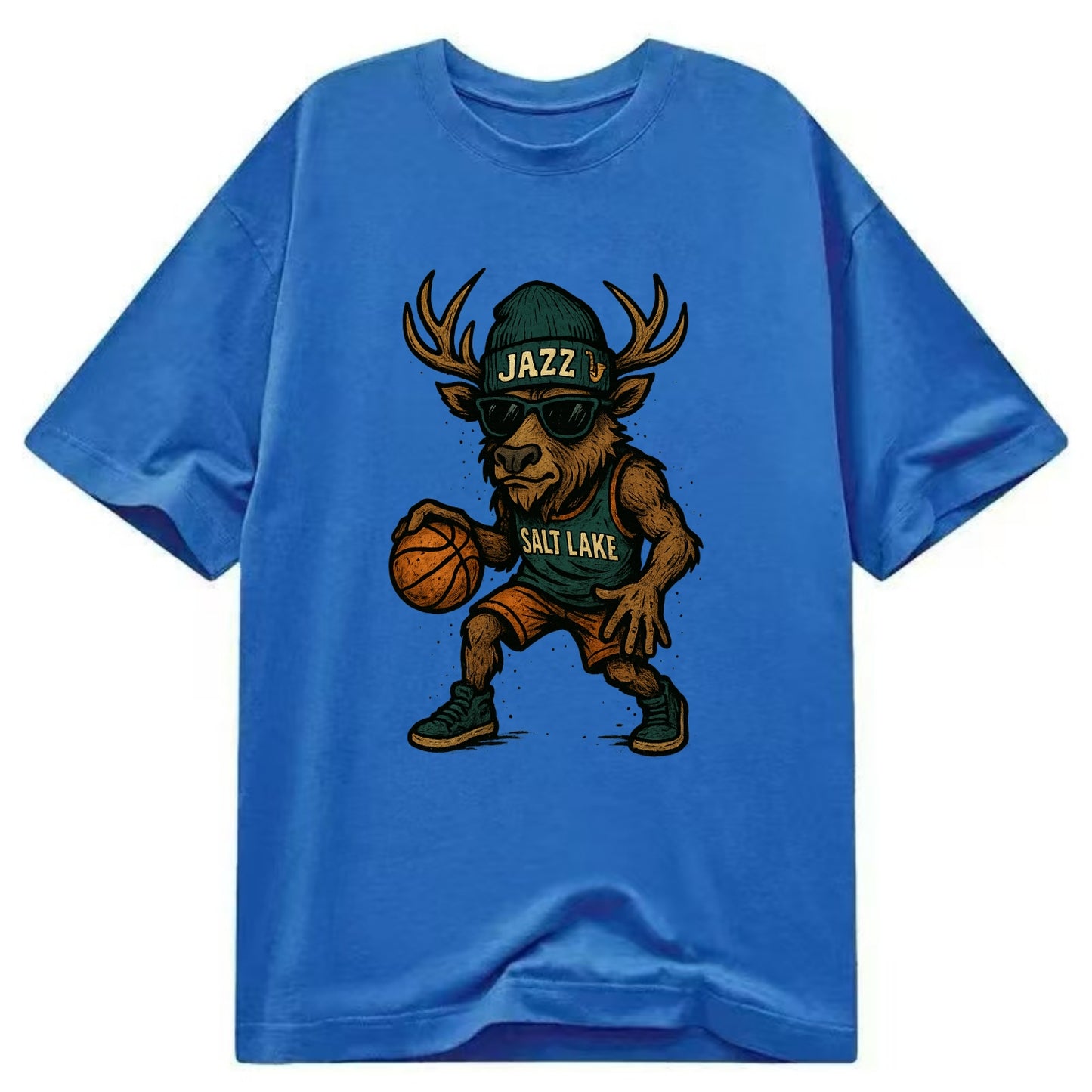 Salt Lake Elk wearing Jazz beanie with saxophone patch and wayfarer sunglasses - Classic T-shirt - Blue