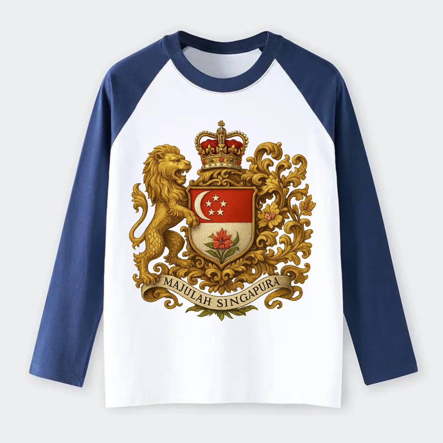 Singapore Merlion Emblem - Raglan Long Sleeve T-Shirt - Blue