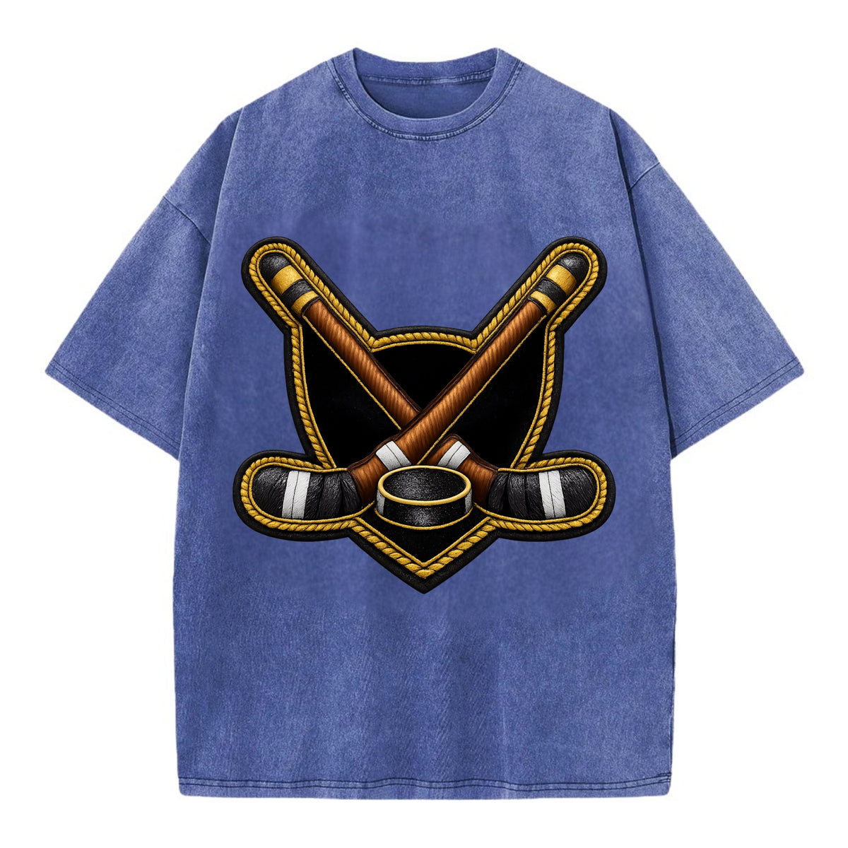 Embroidered patch design - HOCKEY CROSSED STICKS - ice hockey sticks with puck in - Vintage T-shirt - Blue