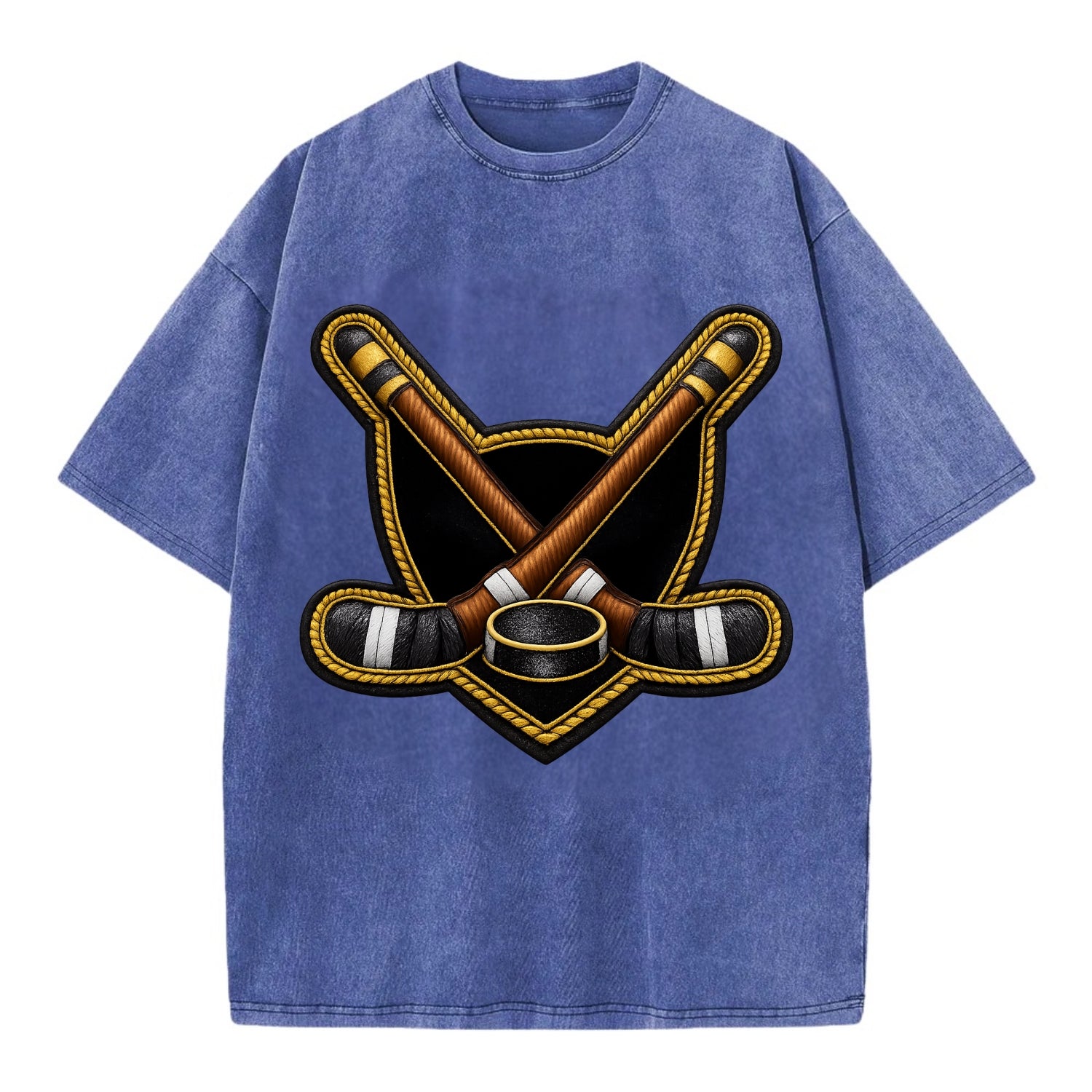 Embroidered patch design - HOCKEY CROSSED STICKS - ice hockey sticks with puck in - Vintage T-shirt - Blue
