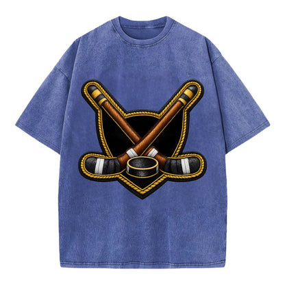 Embroidered patch design - HOCKEY CROSSED STICKS - ice hockey sticks with puck in - Vintage T-shirt - Blue