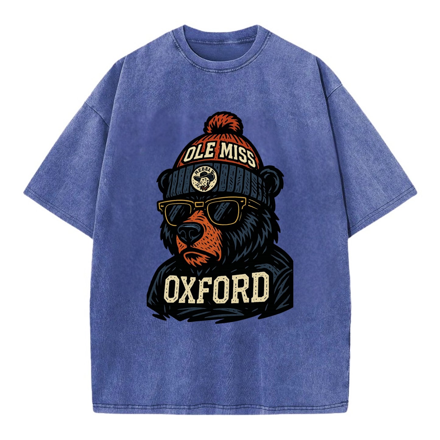 Oxford Black Bear wearing Ole Miss beanie with rebel patch - Vintage T-shirt - Blue