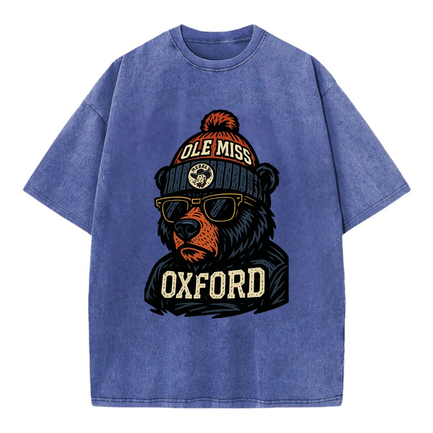 Oxford Black Bear wearing Ole Miss beanie with rebel patch - Vintage T-shirt - Blue