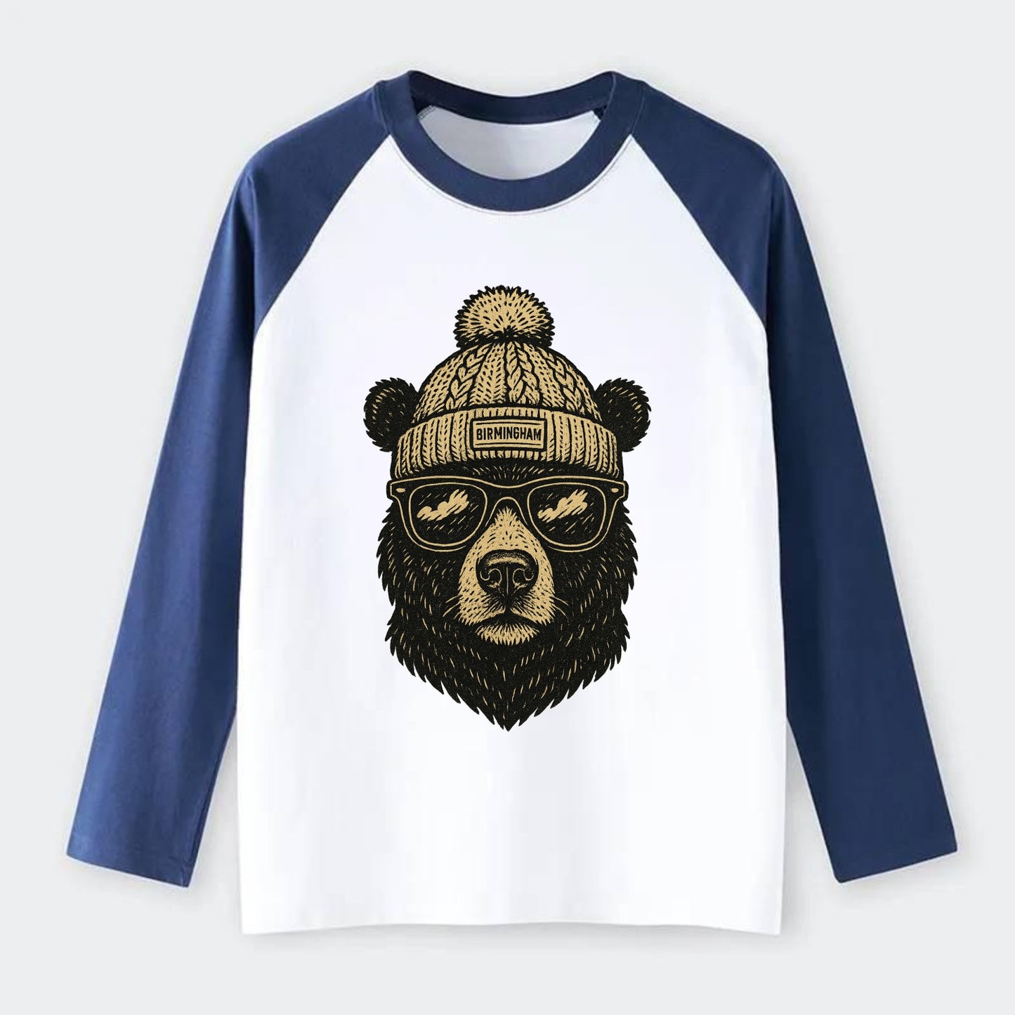 Alabama Black Bear wearing Birmingham beanie with pom pom and wayfarer - Raglan Long Sleeve T-Shirt - Blue