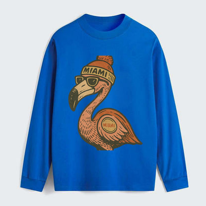 Miami Flamingo wearing Miami beanie with pom pom and wayfarer sunglasses - Classic Long Sleeve Shirt - Blue