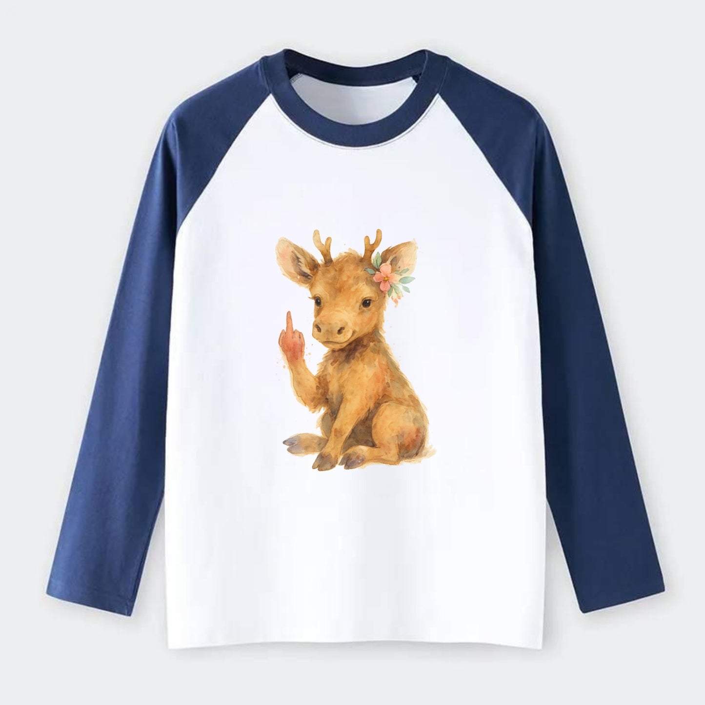 baby moose with adorable tiny antlers, one hoof raised in attitude - Raglan Long Sleeve T-Shirt - Blue