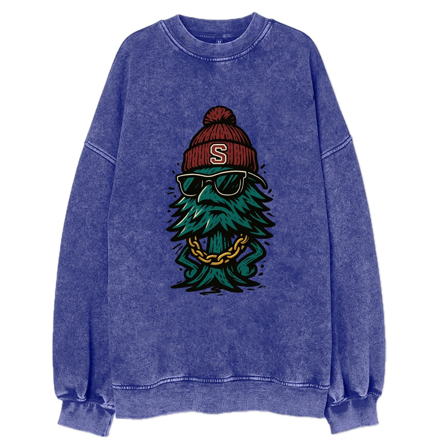 Palo Alto Tree wearing Stanford beanie with S patch - Vintage Sweatshirt - Blue