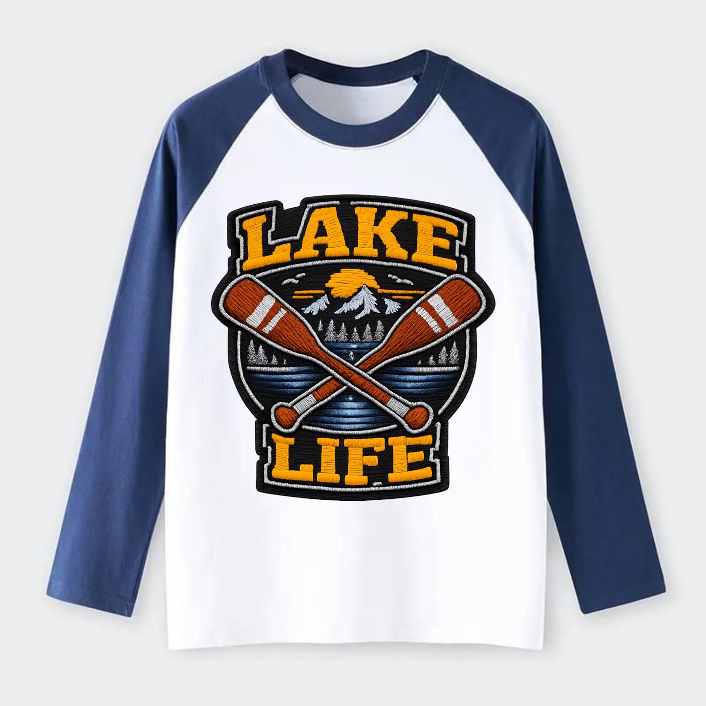 CANOE PADDLE - wooden paddle crossed in brown and cream , lake life - Raglan Long Sleeve T-Shirt - Blue