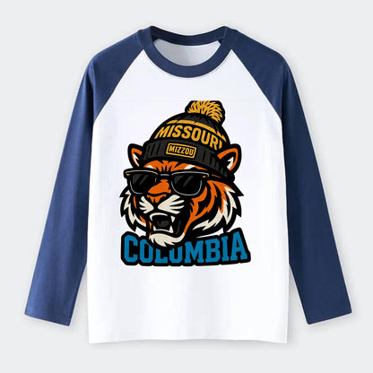 Columbia Tiger wearing Missouri beanie with Mizzou patch - Raglan Long Sleeve T-Shirt - Blue