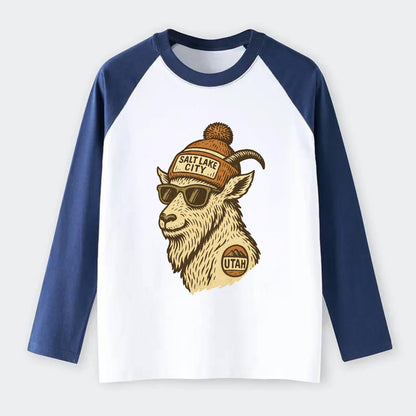 Utah Mountain Goat wearing Salt Lake City beanie with pom pom and - Raglan Long Sleeve T-Shirt - Blue
