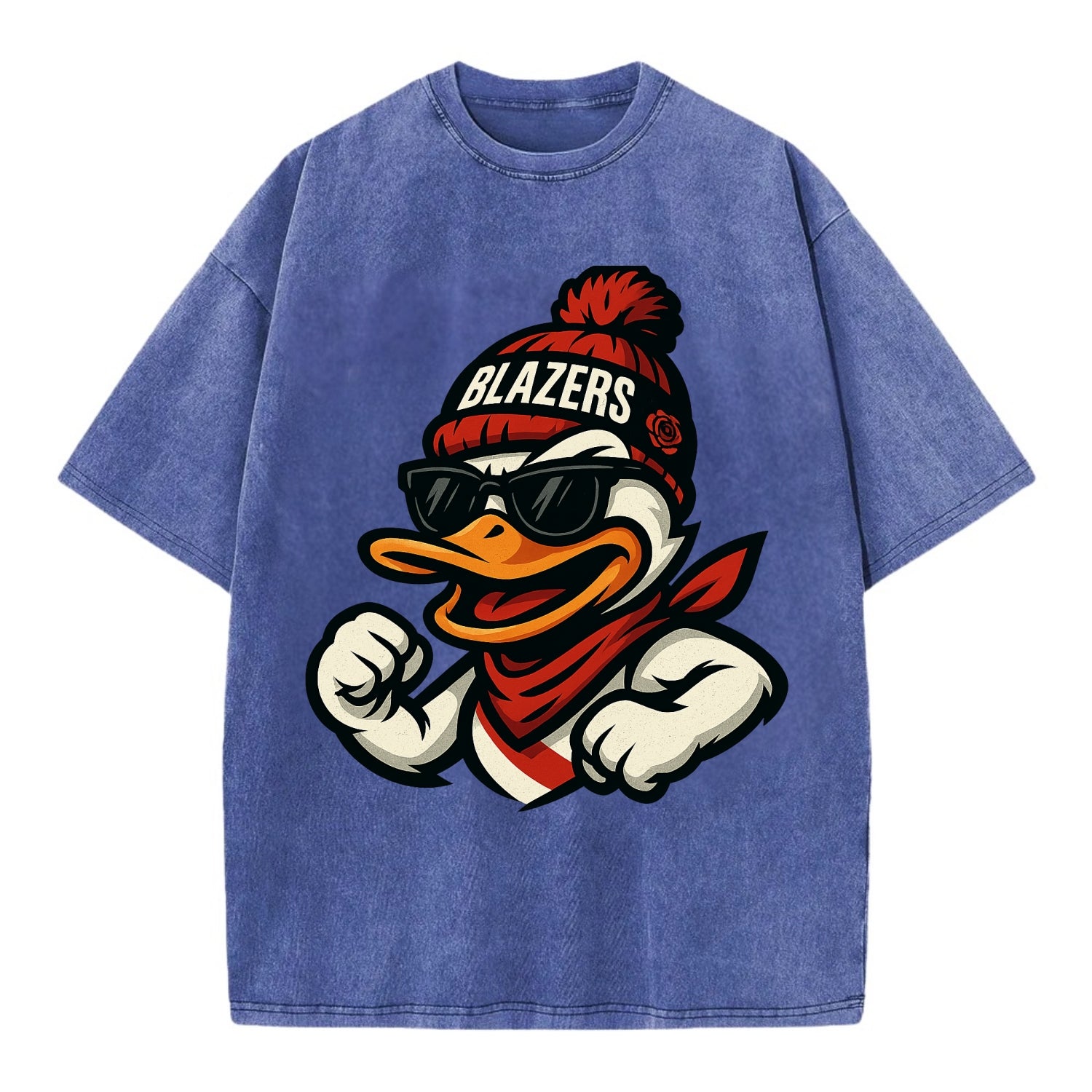Oregon Duck wearing Trail Blazers beanie with rose patch and wayfarer sunglasses - Vintage T-shirt - Blue