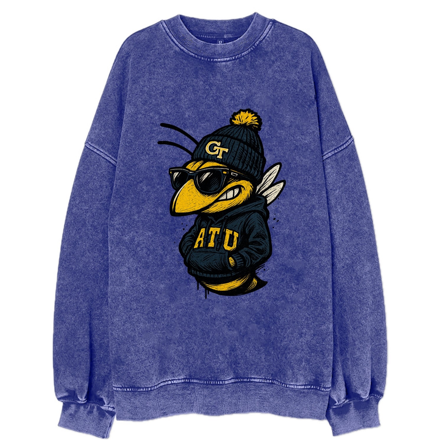 Atlanta Yellow Jacket wearing Georgia Tech beanie with GT patch - Vintage Sweatshirt - Blue