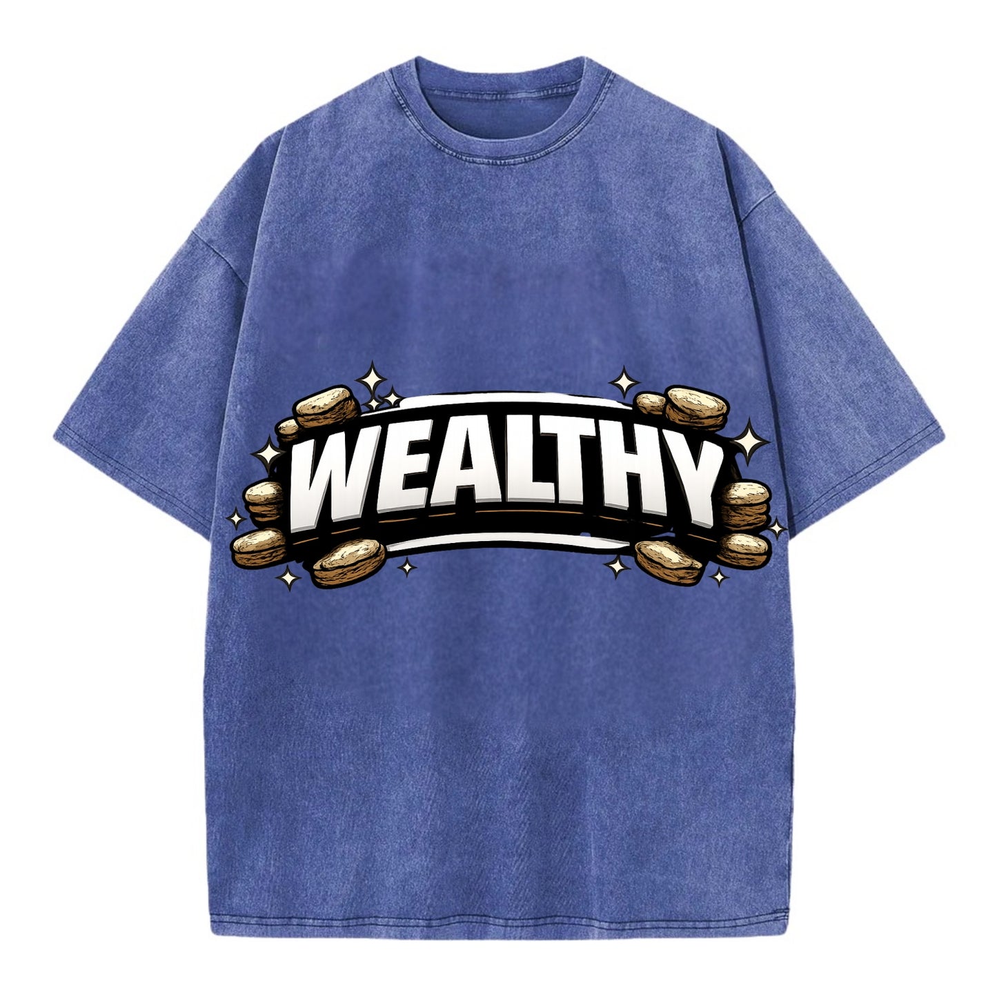 Bold typography design - "WEALTHY" - financial abundance, rich life - Vintage T-shirt - Blue