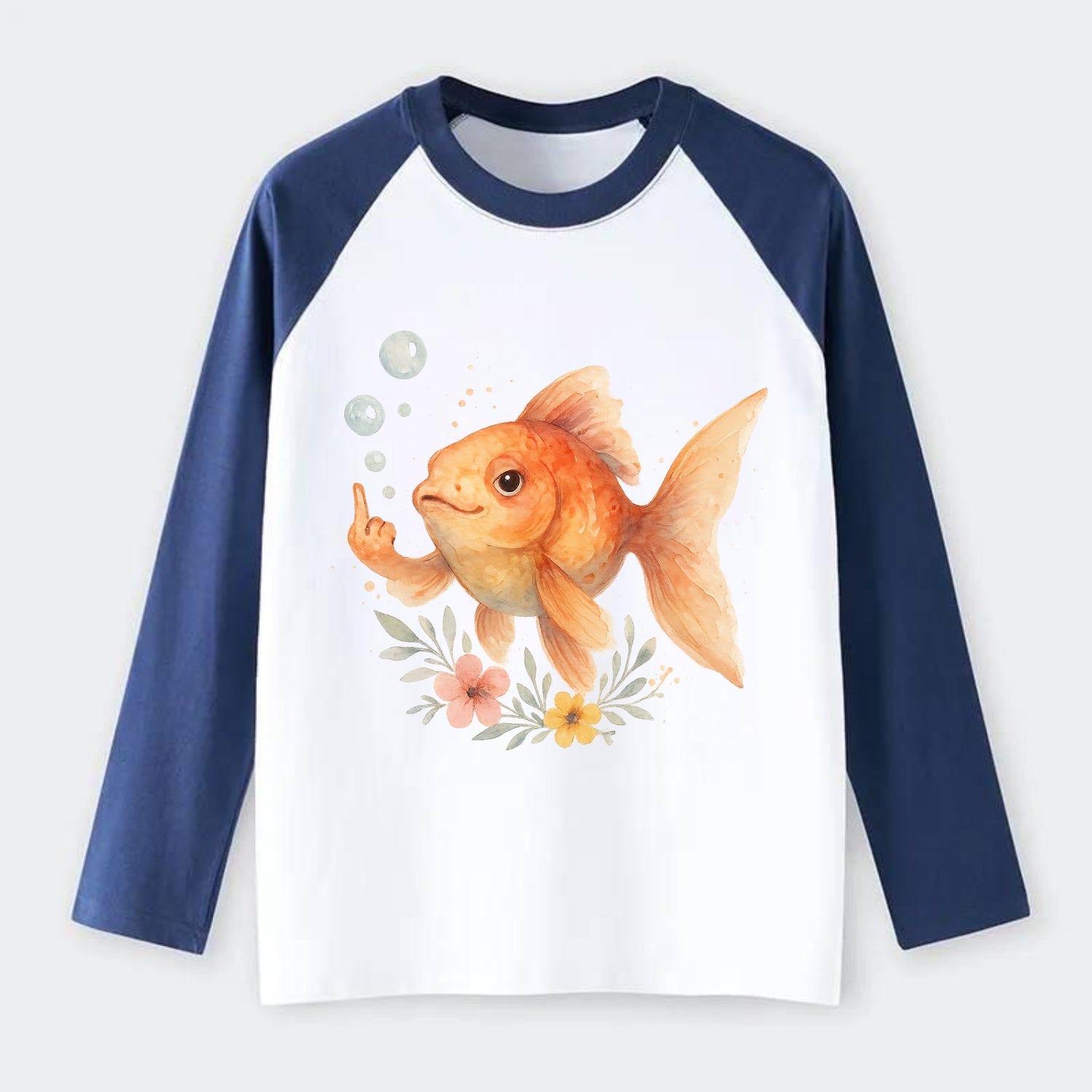 chubby goldfish blowing bubbles, one fin extended like middle finger - Raglan Long Sleeve T-Shirt - Blue