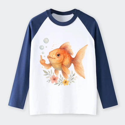 chubby goldfish blowing bubbles, one fin extended like middle finger - Raglan Long Sleeve T-Shirt - Blue