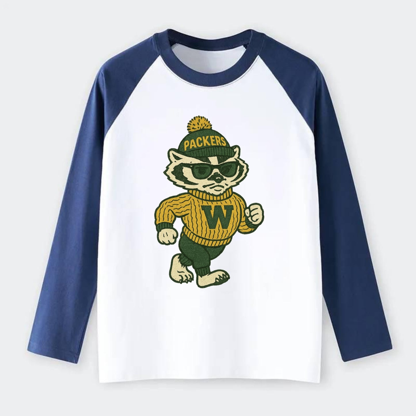Wisconsin Badger wearing Packers green and gold beanie with pom pom - Raglan Long Sleeve T-Shirt - Blue