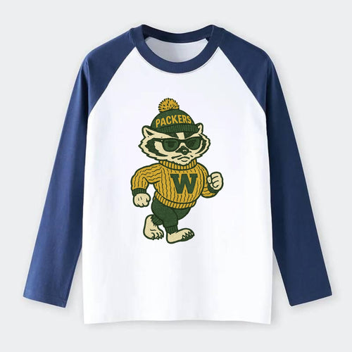 Wisconsin Badger wearing Packers green and gold beanie with pom pom - Raglan Long Sleeve T-Shirt