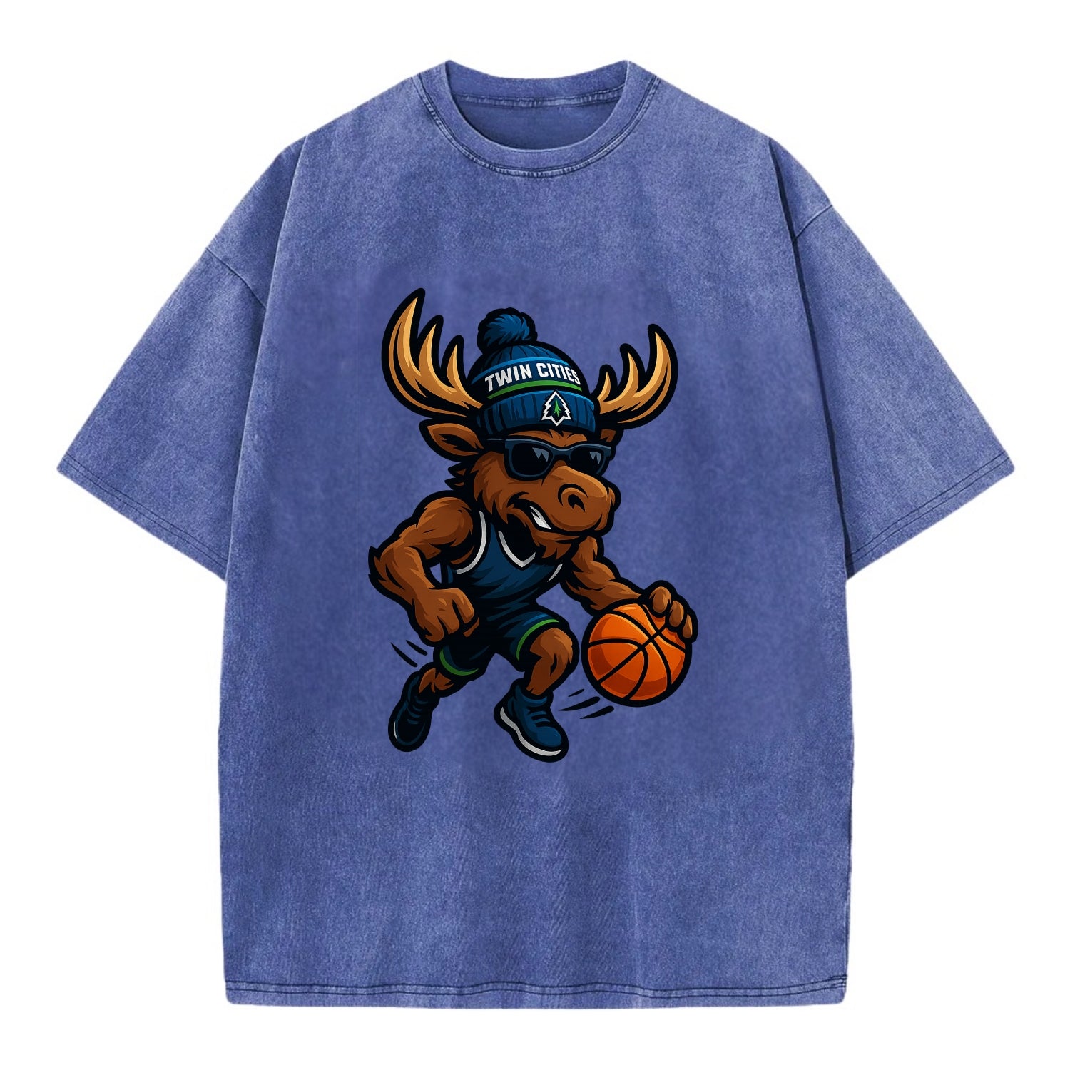 Twin Cities Moose wearing Timberwolves beanie with pine tree patch and wayfarer - Vintage T-shirt - Blue