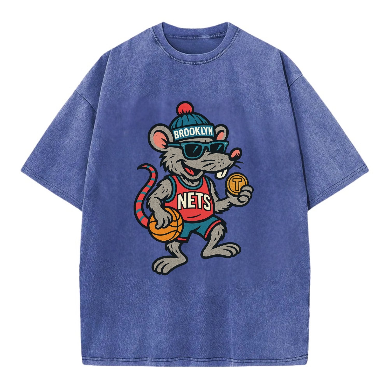 Brooklyn Rat wearing Nets beanie with subway token and wayfarer sunglasses - Vintage T-shirt - Blue