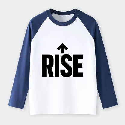 Bold typography design - "RISE" - getting up, ascending, elevating - Raglan Long Sleeve T-Shirt - Blue