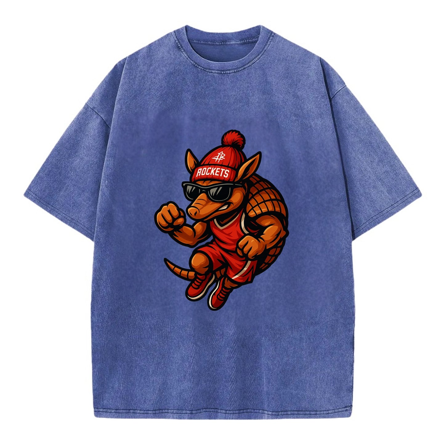 Houston Armadillo wearing Rockets red and silver beanie with rocket ship and - Vintage T-shirt - Blue