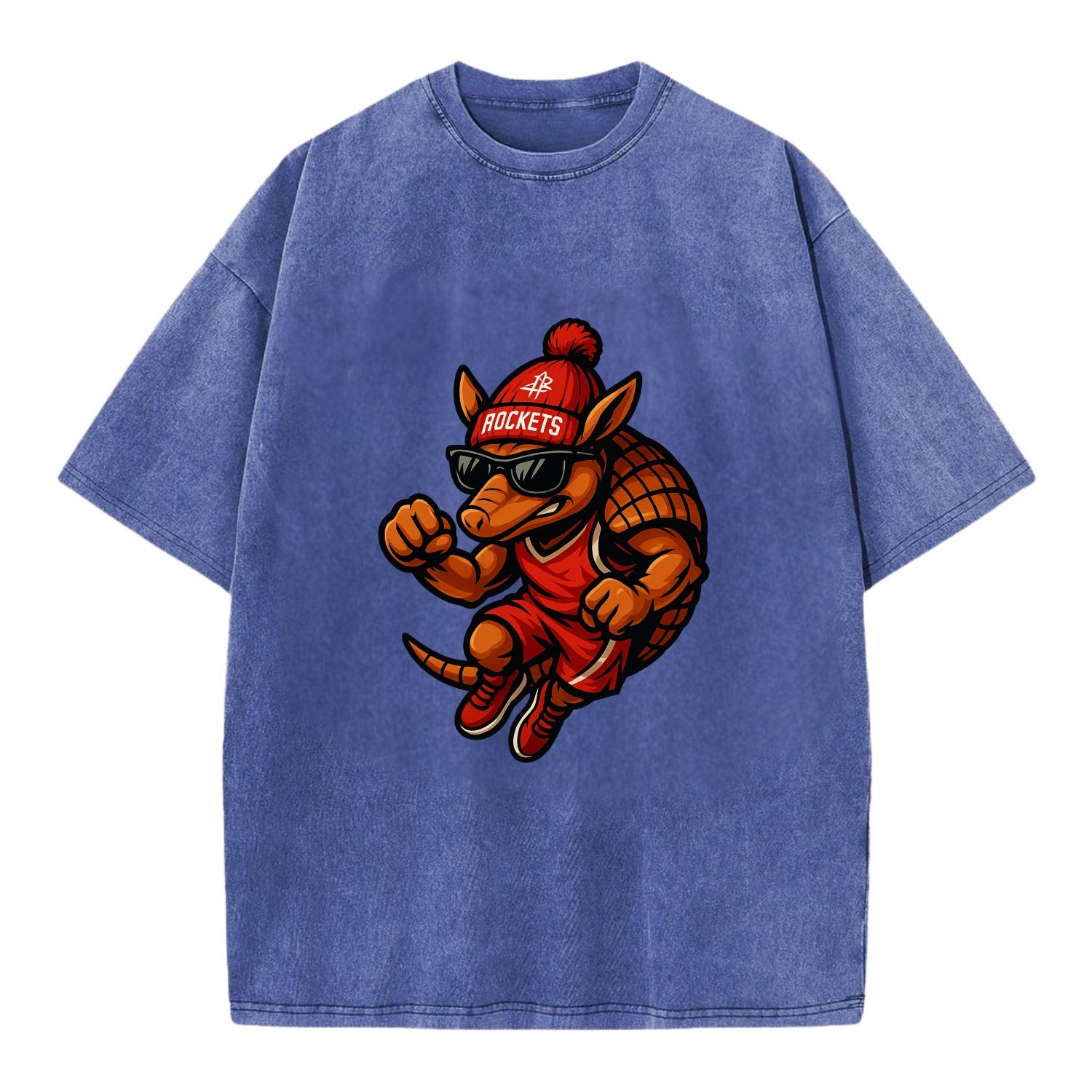 Houston Armadillo wearing Rockets red and silver beanie with rocket ship and - Vintage T-shirt - Blue