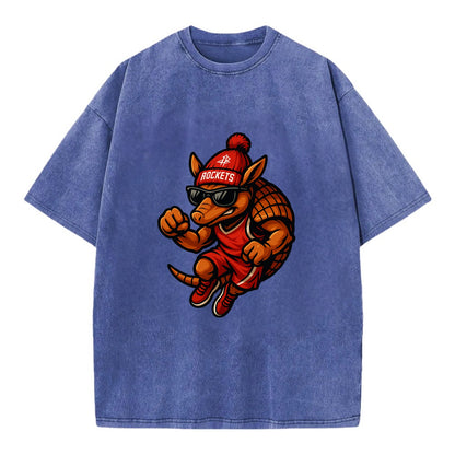 Houston Armadillo wearing Rockets red and silver beanie with rocket ship and - Vintage T-shirt - Blue