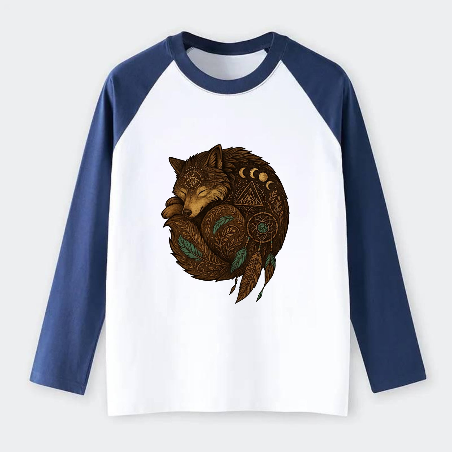 Sleeping Wolf Peace  - Raglan Long Sleeve T-Shirt - Blue