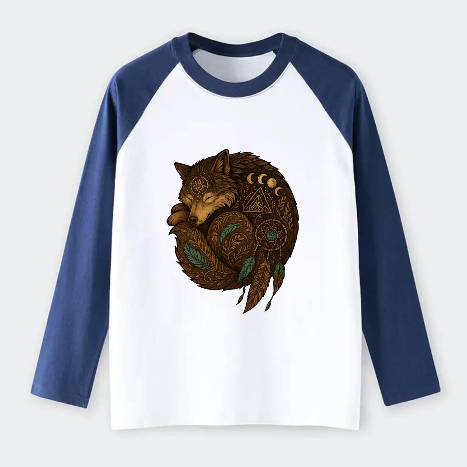 Sleeping Wolf Peace  - Raglan Long Sleeve T-Shirt - Blue