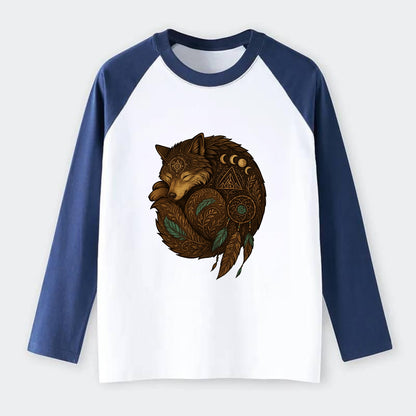 Sleeping Wolf Peace  - Raglan Long Sleeve T-Shirt - Blue