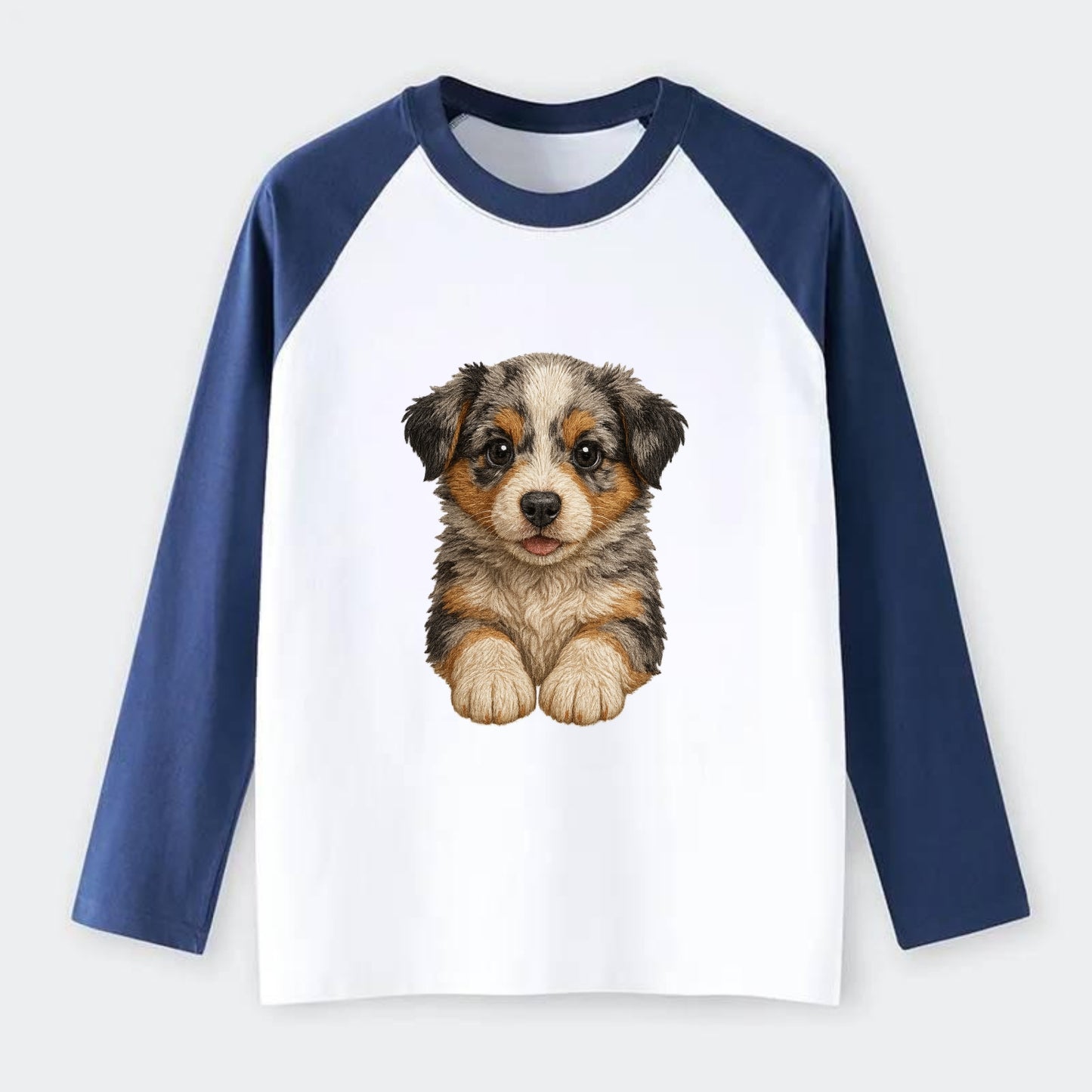 Baby Australian Shepherd Puppy - merle coat, bright eyes, fluffy, - Raglan Long Sleeve T-Shirt - Blue