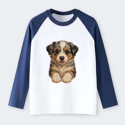 Baby Australian Shepherd Puppy - merle coat, bright eyes, fluffy, - Raglan Long Sleeve T-Shirt - Blue