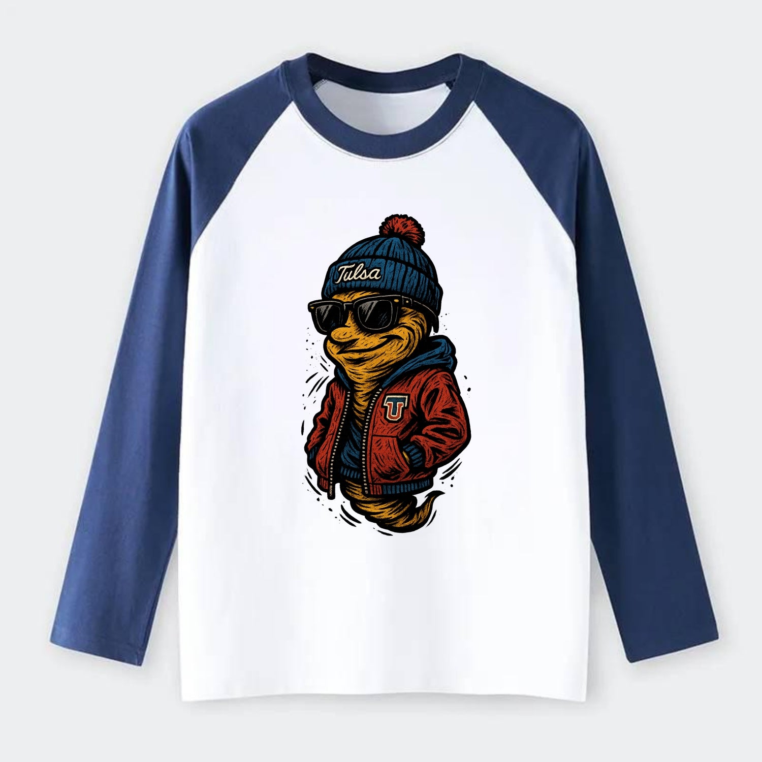 Tulsa Hurricane wearing Tulsa beanie with TU patch - Raglan Long Sleeve T-Shirt - Blue