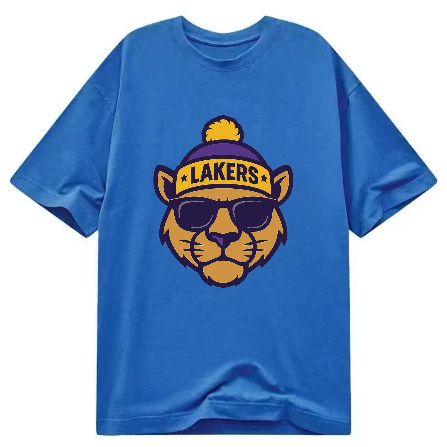 LA Mountain Lion wearing Lakers purple and gold beanie with championship stars - Classic T-shirt - Blue