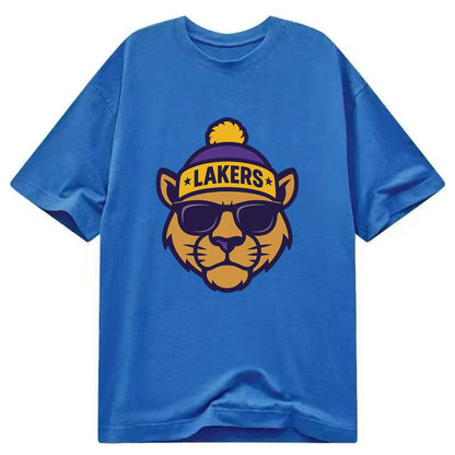 LA Mountain Lion wearing Lakers purple and gold beanie with championship stars - Classic T-shirt - Blue