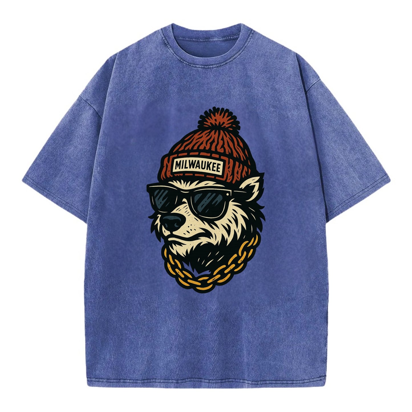 Milwaukee Badger wearing Milwaukee beanie with pom pom and wayfarer sunglasses - Vintage T-shirt - Blue