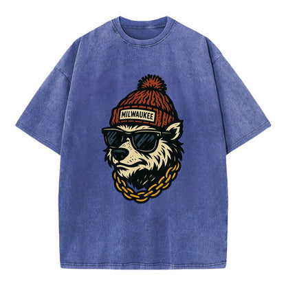 Milwaukee Badger wearing Milwaukee beanie with pom pom and wayfarer sunglasses - Vintage T-shirt - Blue