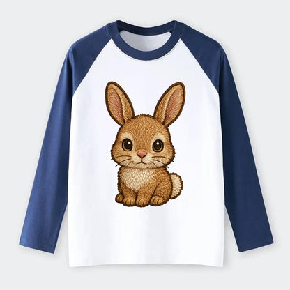 Baby Rabbit - long ears, fluffy white tail, pink nose, large brown - Raglan Long Sleeve T-Shirt - Blue