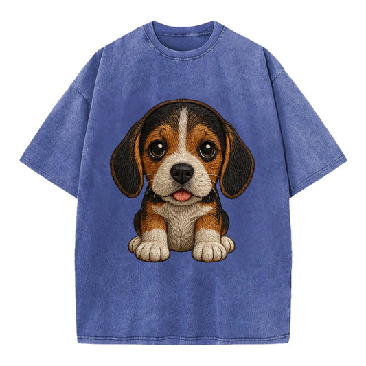 Baby Beagle Puppy - tricolor coat, long droopy ears, big pleading eyes, - Vintage T-shirt - Blue