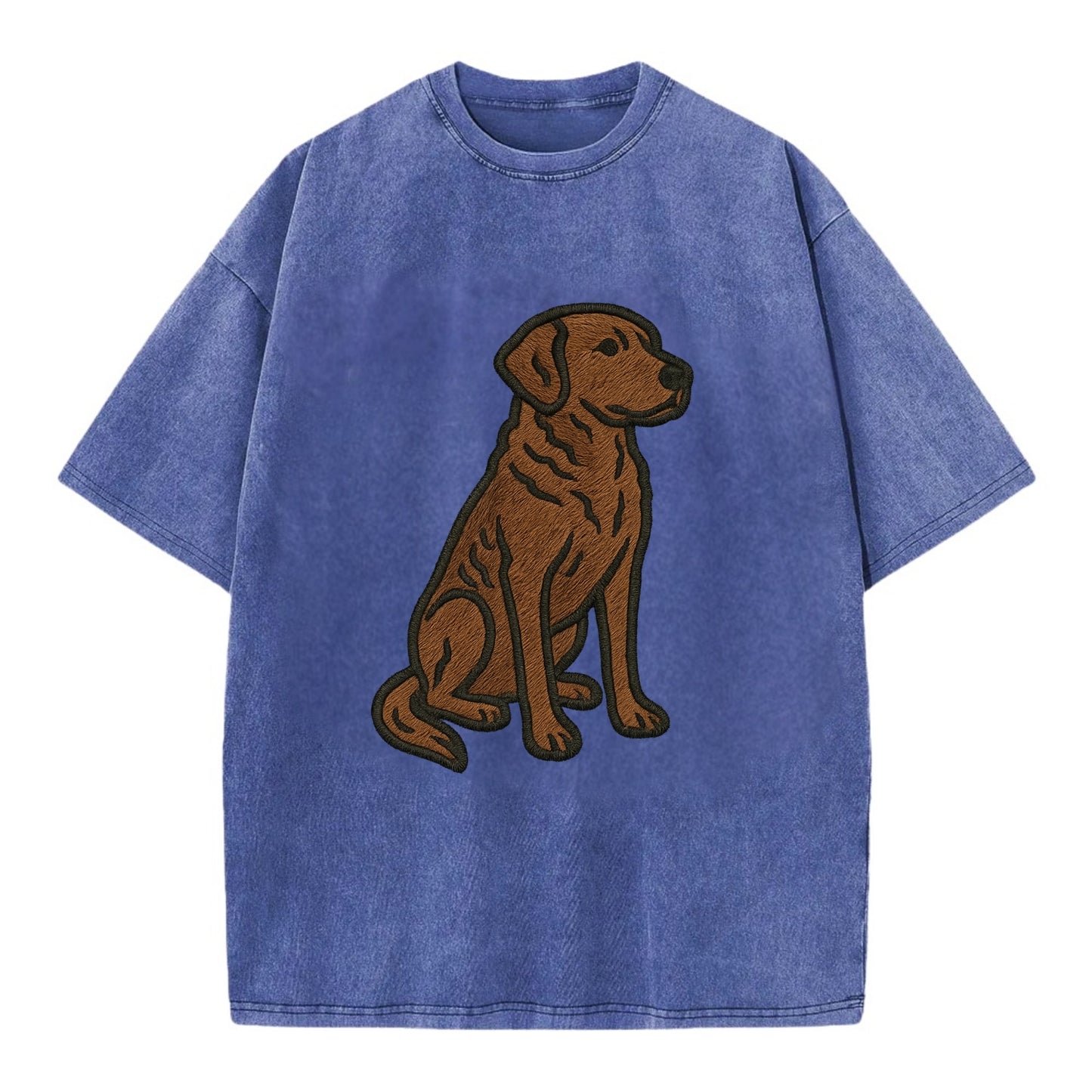 Chesapeake Bay Retriever - Brown wavy coat embroidered sitting pose - Vintage T-shirt - Blue
