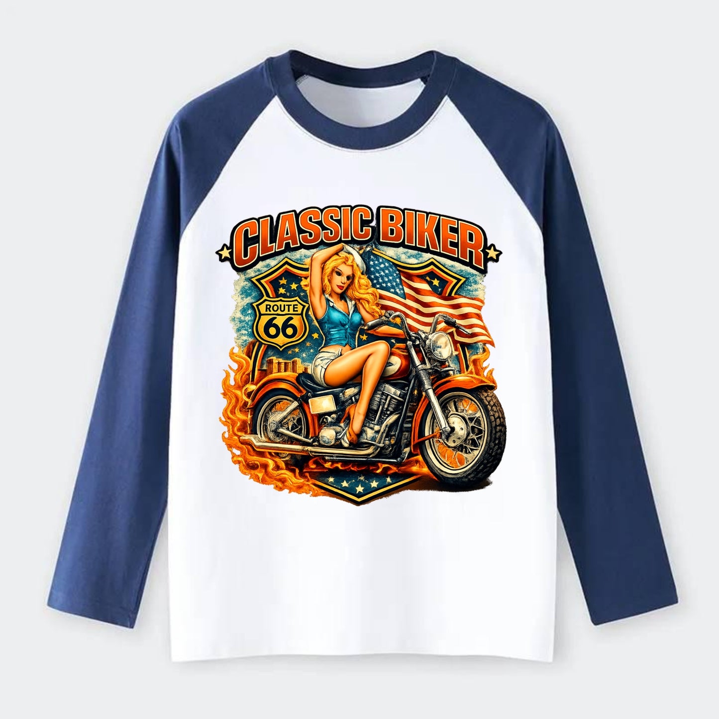 Classic Pinup Biker - Raglan Long Sleeve T-Shirt - Blue
