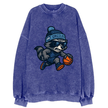 Memphis Raccoon wearing Grizzlies beanie with riverboat patch and wayfarer - Vintage Sweatshirt - Blue