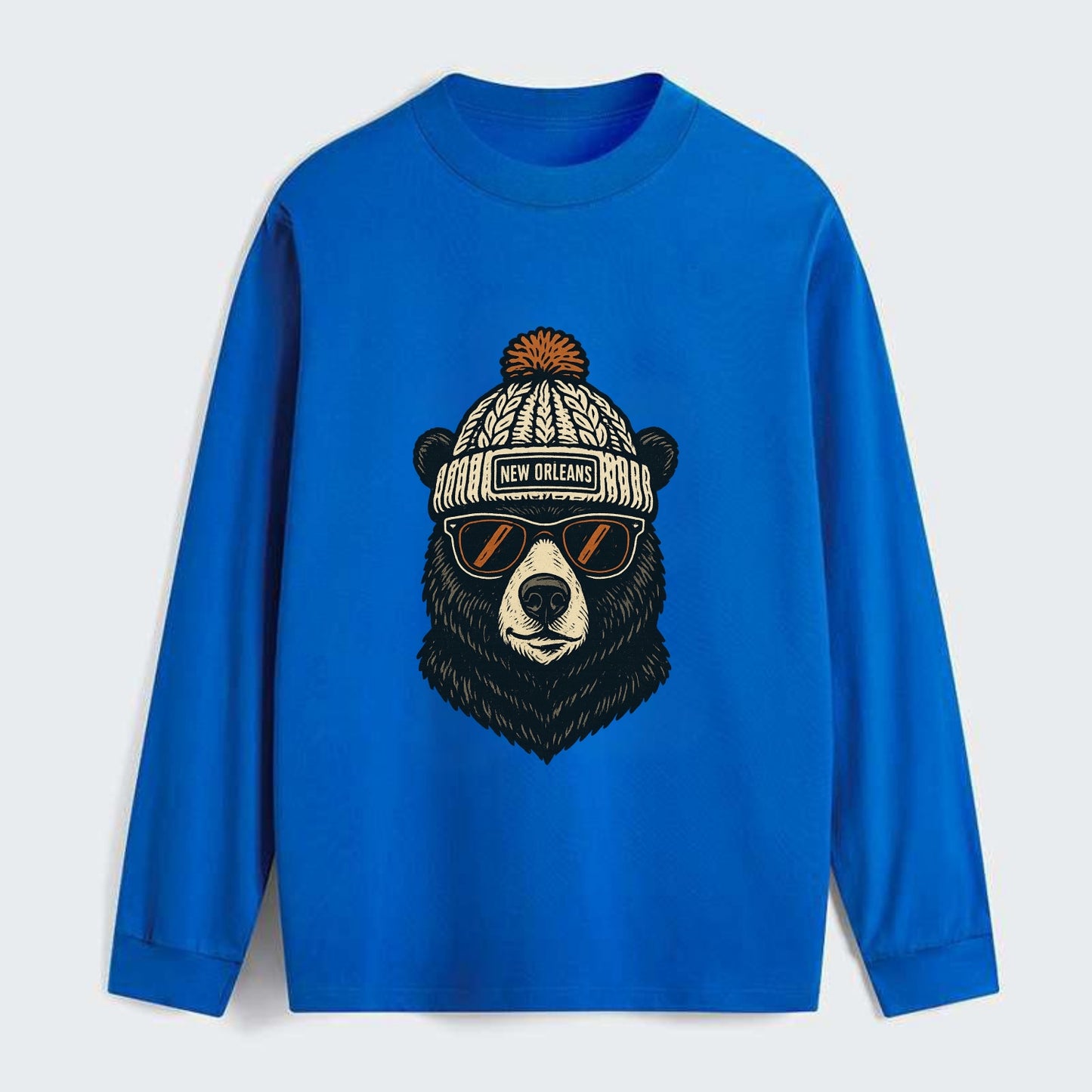 Louisiana Black Bear wearing New Orleans beanie with pom pom and - Classic Long Sleeve Shirt - Blue