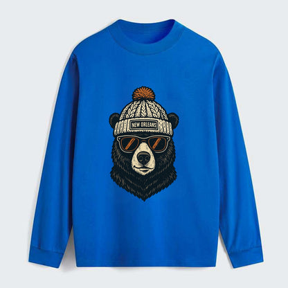 Louisiana Black Bear wearing New Orleans beanie with pom pom and - Classic Long Sleeve Shirt - Blue