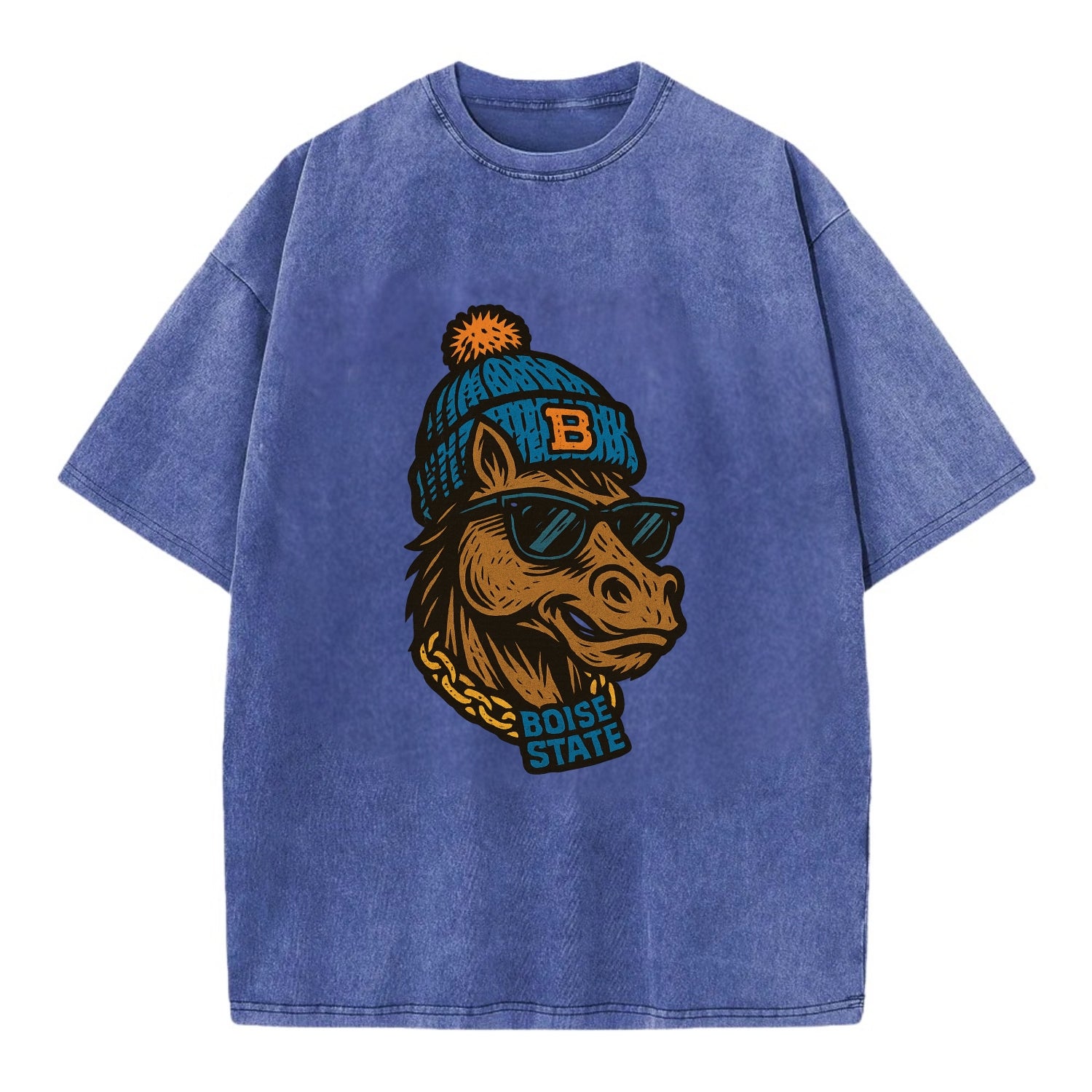 Boise Bronco wearing Boise State beanie with B patch - Vintage T-shirt - Blue