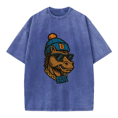 Boise Bronco wearing Boise State beanie with B patch - Vintage T-shirt - Blue